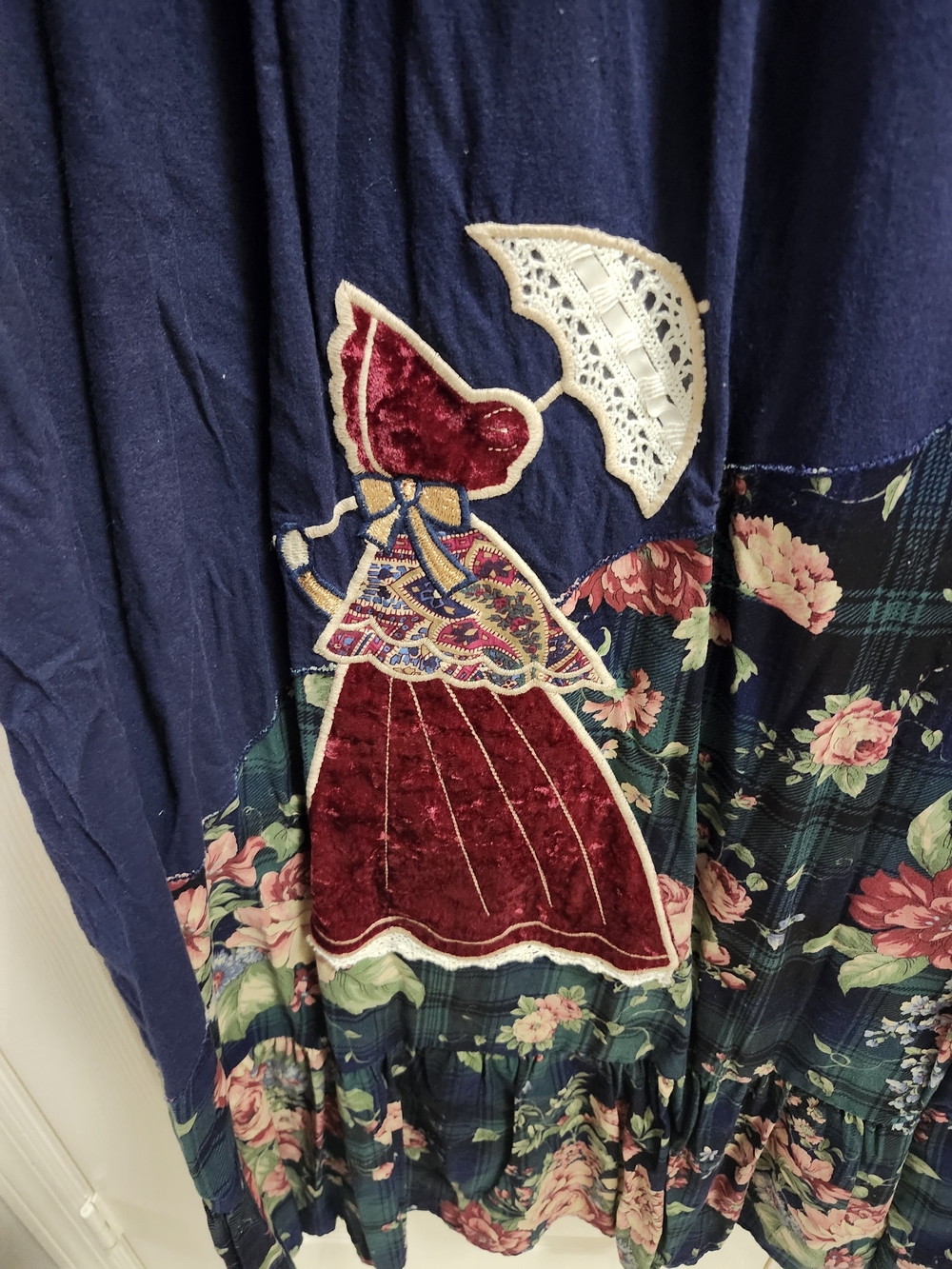 Vintage Boho Navy Floral Patchwork Midi MUMU with Appliqué 100% cotton Sz M - Picture 7 of 9